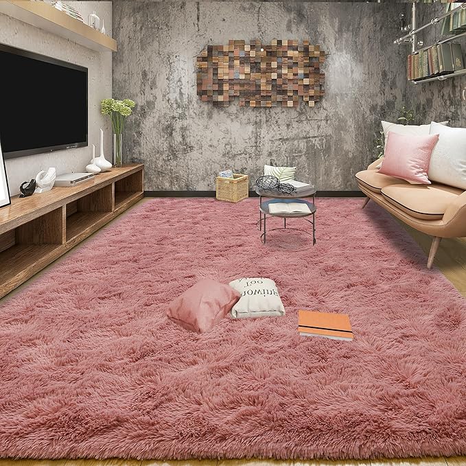Tepook Blush Pink Area Rugs for Living Room Girls Bedroom, 4x6 Fluffy Shaggy Dusty Pink Rug for Kids Room Playroom, Plush Shag Non-Slip Carpet for Nursery Dorm Classroom, Cute Rose Beige Rug