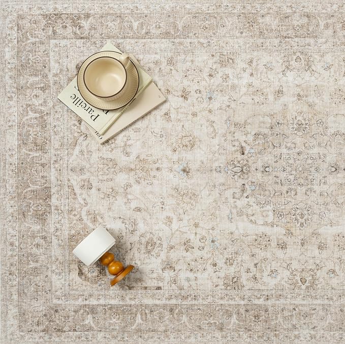 PureCozy Beige Area Rug 5x7 for Living Room Washable Vintage Carpet Low Pile Non Slip Distressed Soft Traditional Retro Oriental Large Accent Throw Rug Office Kitchen Bedroom Bathroom Dining Room