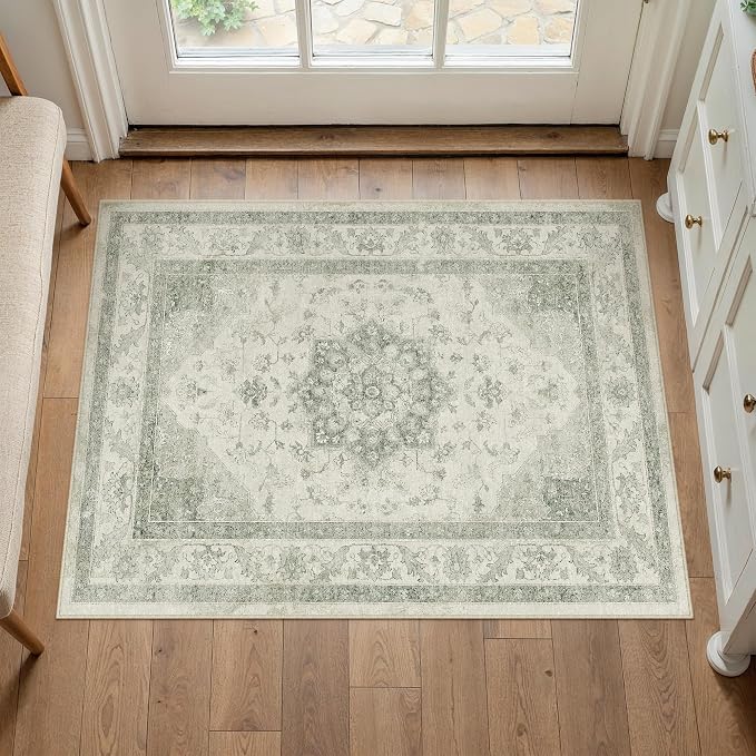 PureCozy Green Area Rug 2x3 Washable Entryway Carpet Vintage Kitchen Soft Retro Low Pile Thin Non Slip Door Mat Entrance Oriental Medallion Throw Rug for Bathroom Office Bedroom Dining Room