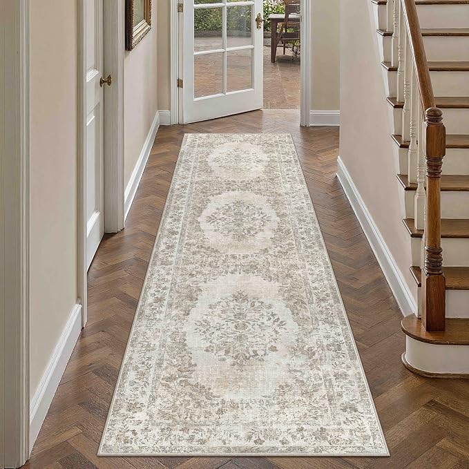 PureCozy 2x7 Runner Rug Beige Washable Hallway Kitchen Bedroom Vintage Distressed Bathroom Non Slip Medallion Floral Carpet Indoor Retro Throw Floor Mat for Office Dining Laundry Living Room