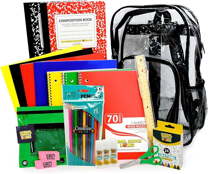 School Supply Boxes | 17" Clear Backpack Bundle for Elementary School | Back to School Bookbag with Supplies | Contains Crayons, Colored Pencils, Ruler, Glue, Notebook & More