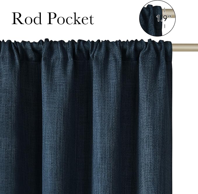 NICETOWN Navy Blue Faux Linen Room Darkening Rod Pocket Curtains 63 inch Length, W42 x L63, Light Blocking Thermal Insulated Noise Reducing Drapes for Bedroom Living Room Farmhouse Decor, 2 Panels