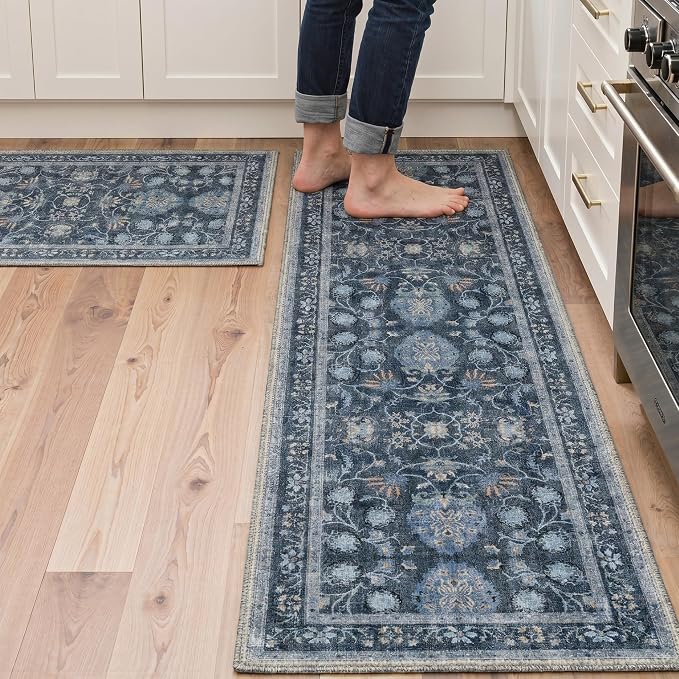 GENIMO Kitchen Rug Sets of 2, Non-Slip Washable Low-Pile Kitchen Mats for Floor, Waterproof Kitchen Runner Rug, for Hallway, Laundry, Sink, Entryway, Bathroom, 20"x32"+20"x48", Navy Blue