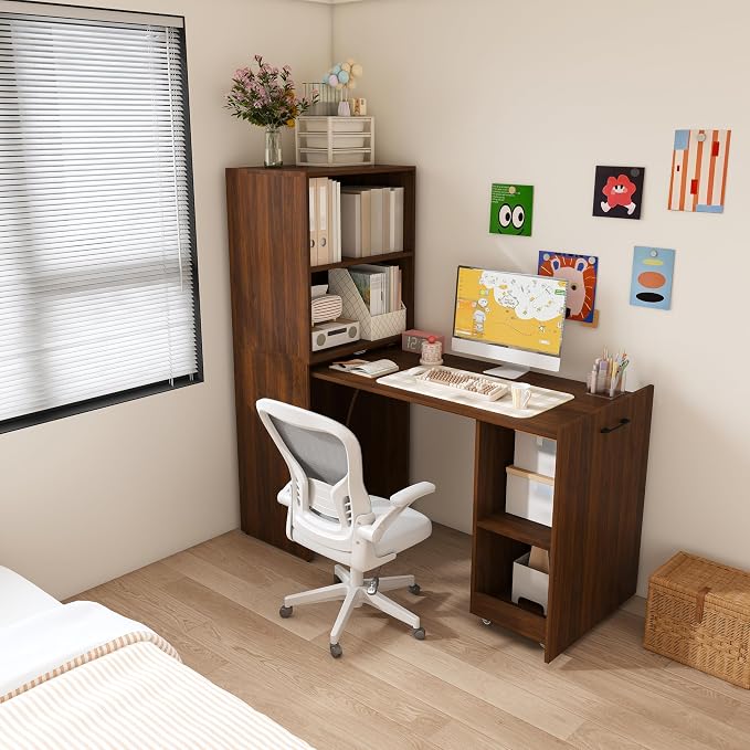 Walnut Murphy Desk with Storage Shelves, Wood Folding Desks for Small Spaces, Expandable Hideaway Computer Desk, Space Saving Pull Out Study Table for Bedroom Apartment (Walnut,)