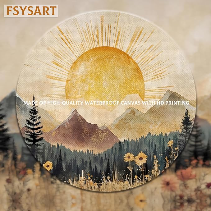 Framed Vintage Sunrise Mountain Landscape Wall Art, Golden Sunburst Meadow Forest Canvas Print, Retro Wildflower Nature Artwork, Rustic Boho Wall Decor for Living Room Bedroom Office 16x24in