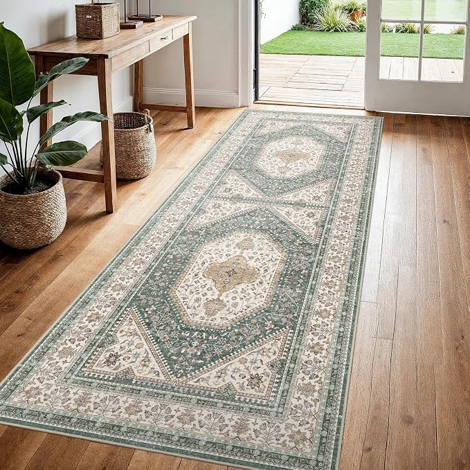 3x7 Runner Rug for Hallway Washable: Non Slip Kitchen Rugs with Rubber Backing Soft Waterproof Wide Mats Stain Resistant Low Pile Carpet for Entryway Bedroom Bathroom Laundry Home Decor Green/Beige