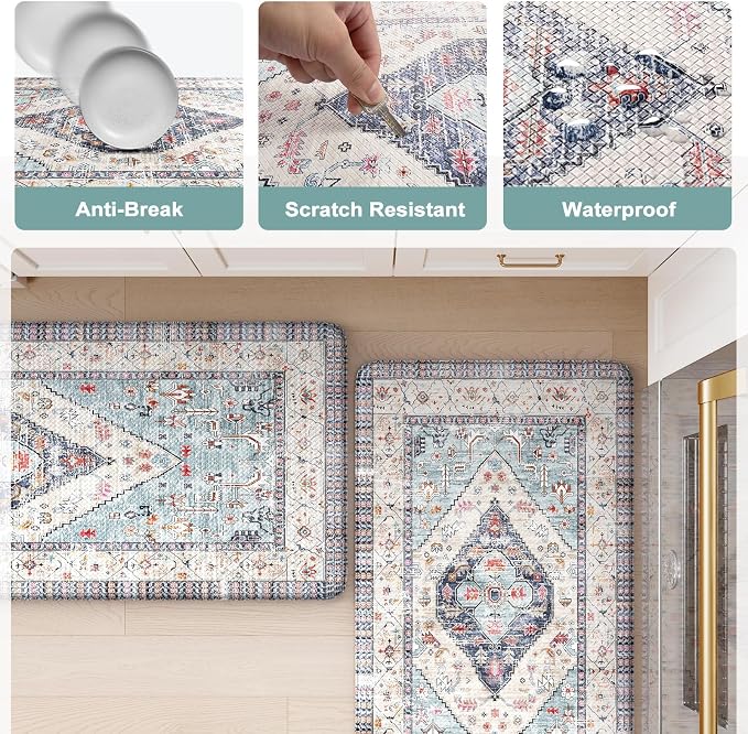 KIMODE Anti Fatigue Kitchen Mats, Boho Distressed Kitchen Rugs 20"x59"+20"x32", Non Slip Waterproof Kitchen Floor Mats, Comfort Foam Mats for Kitchen Floor Sink Laundry Office Desk Blue