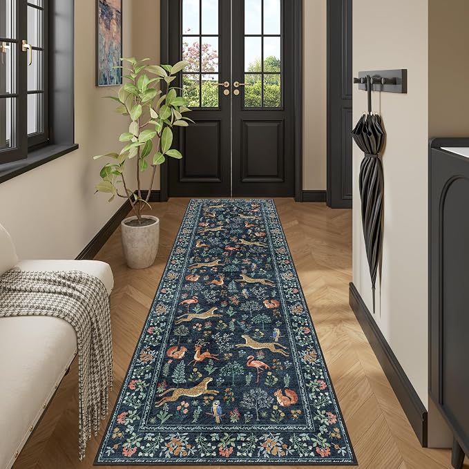 DUKINO 2x12 Washable Runner Rug, Ultra Soft Vintage Animal Runner Rug for Hallway, Lightweight Non Slip & Non Shedding Long Carpet for Kitchen, Laundry Room, Bathroom, Bedroom, Entrance, Navy Blue
