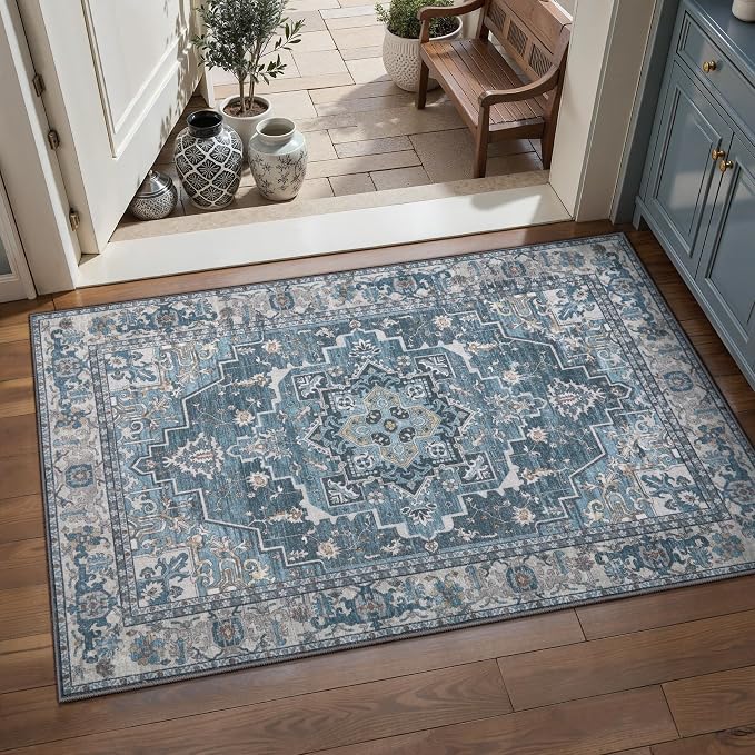 Tangsoo Vintage Small Area Rugs for Entryway, Non Slip 2x3 Washable Rug Farmhouse Indoor Front Door Rug, Oriental Print Door Mat Small Carpet, Soft Low Pile Rugs for Entrance Kitchen Bedroom Blue Gray
