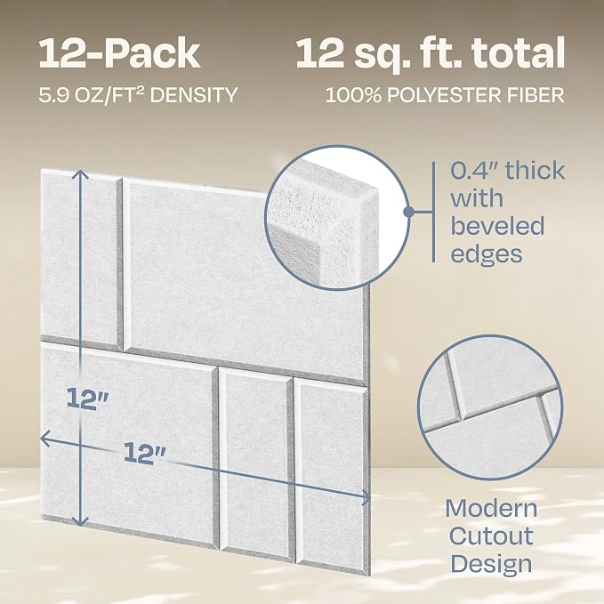 Acoustic Panels 12-Pack Soundproof Wall Panels 12"x12"x0.4" Decorative Sound Dampening for Your Home, Office, Studio, Bedroom & More with Unique GridFrame Carving [White]