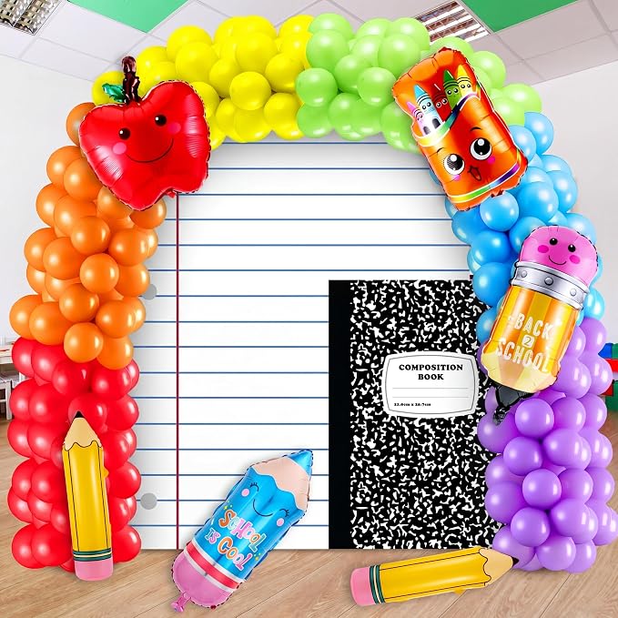 Hahafelt 158 Pcs Back to School Party Decorations Rainbow Balloon Garland Arch Kit with Composition Notebook Backdrop Giant Apple Crayon Pencil Balloon for First Day of School Classroom Party Supplies