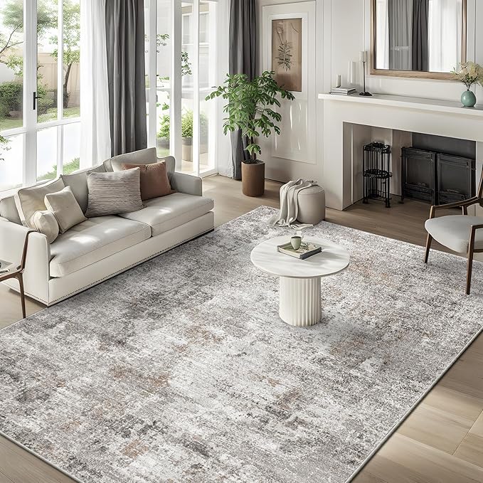 6x9 Washable Living Room Rug – Neutral Modern Abstract Soft Large Area Rug for Bedroom, Dining Room – Non-Slip Low-Pile Thin Carpet (Beige Grey)