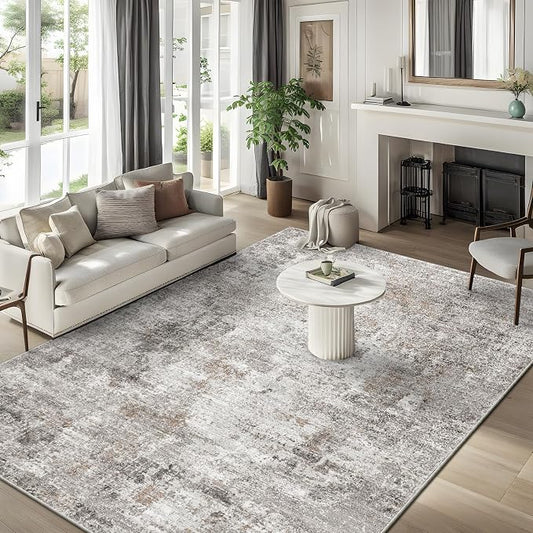 8x10 Washable Living Room Rug – Modern Neutral Abstract Soft Large Area Rug for Bedroom Dining Room Home Office Kitchen - Non-Slip Low Pile Thin Stain-Resistant Carpet (Beige,Grey)