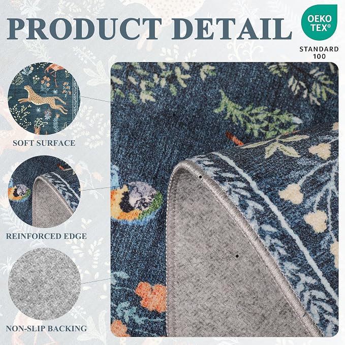DUKINO 2.6x8 Rug for Hallway, Washable Kitchen Runner Rug with Non Slip Backing, Soft Low Pile Vintage Animal Runner for Bedroom, Kitchen, Hallway, Entryway, Laundry, Blue