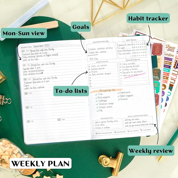 Legend Undated Weekly Planner – Goal Planner Journal & Organizer Notebook – Agenda Book with Monthly Calendar & To-Do List, A5 (Dark Teal, Gold)