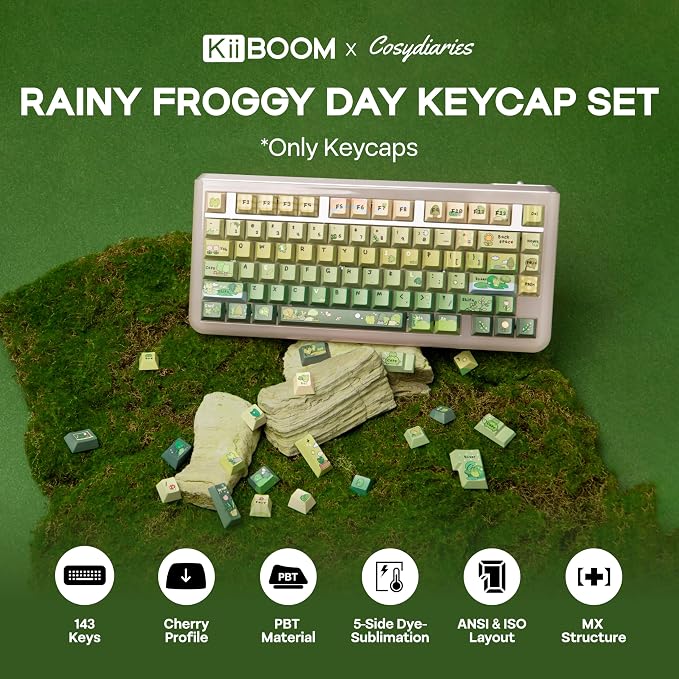 KiiBoom X Cosydiaries Rainy Froggy Day Keycap Set, 144 Keycaps, PBT Custom Keycaps for Mechanical Keyboard, Compatible with ANSI/ISO, 60%, 65%, 75%, TKL, Full-Sized Layout (Cherry Profile)