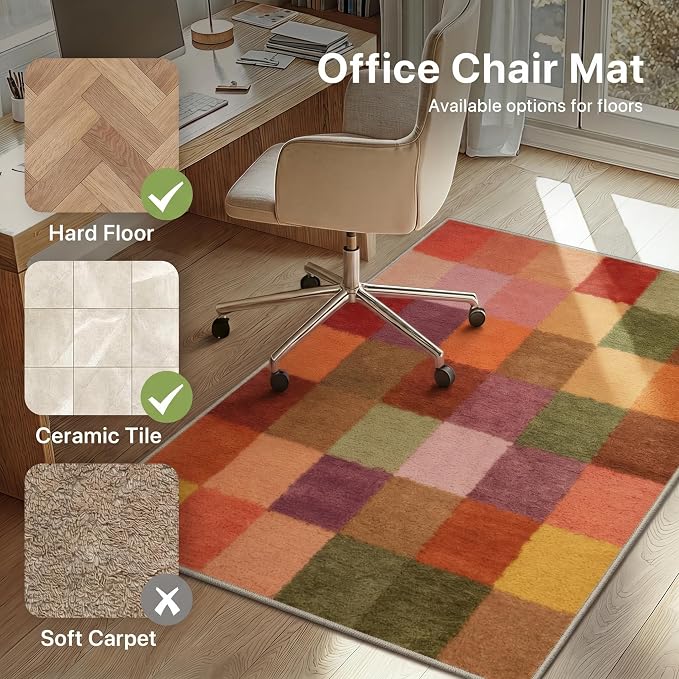 36"x48" Office Chair Mat for Hardwood Tile Floor, Under Desk Carpet Protector for Rolling Computer Chair Mat, Machine Washable Area Rug, Anti-Slip 1/5" Thick Low Pile Thin Vinyl Floor Mat, Multi