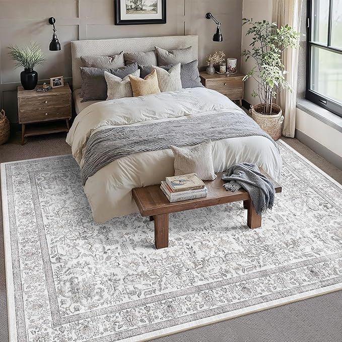 8x10 Gray Washable Area Rugs for Living Room Non Slip Low Pile Vintage Boho Throw Rug Soft Retro Distressed Floral Large Carpet Indoor Farmhouse Decor for Bedroom Dining Room Office Kitchen Playroom