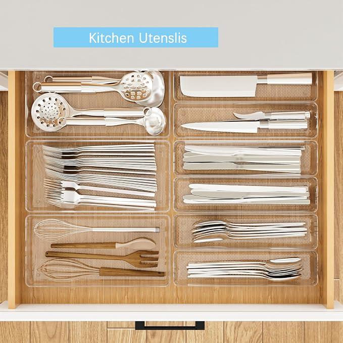 3 Pack Clear Plastic Drawer Organizer Tray Cutlery Utensil Makeups Drawer Silverware Organizers 12" X 6"&12＂X3＂(9Pack)