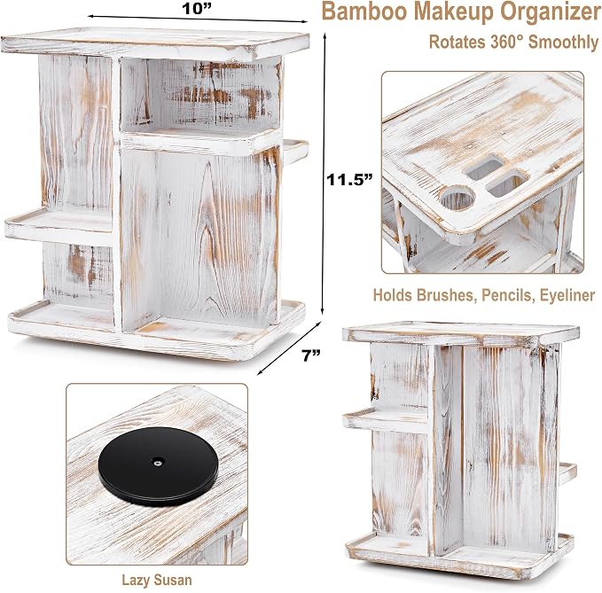 Sorbus 360° Makeup Organizer - Grey Rustic Wood Make Up Storage Carousel for Cosmetics, Skin Care Rotating Makeup Organizer for Vanity, Bathroom Storage