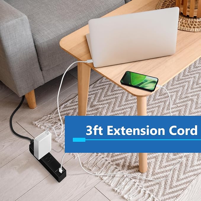 LIDER Outlet Extender with 3 Receptacles, 21W USB-A & 2 USB-C, Ultra-Thin Wall Plate Plug with Cord Extender, 3-Outlet Power Strip, Flat-Face, 3ft Cord, 1625W, ETL Listed, Matte Black