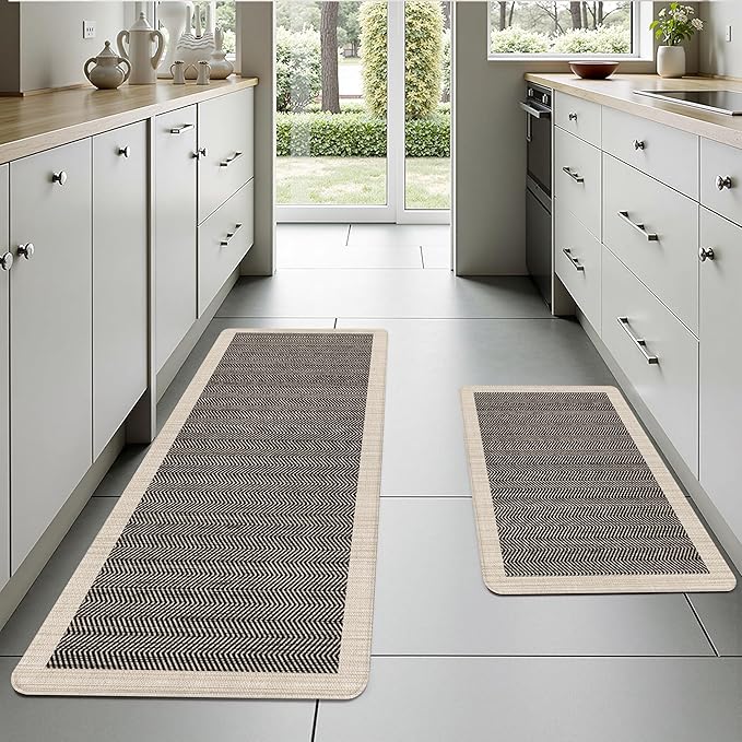 Black Vintage Boho Elegance Kitchen Rug Sets [2 PCs], Anti-Fatigue, Waterproof Non-Slip Kitchen Mats Heavy Duty Comfort Foam Rug for Kitchen, Floor, Laundry,17"x29"+17"x47"