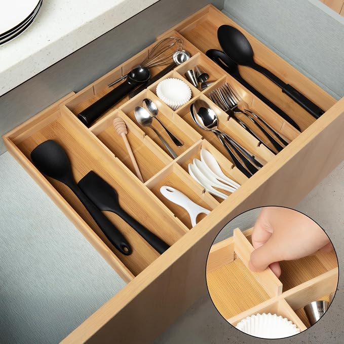 Talented Kitchen Expandable Silverware Drawer Organizer - Adjustable Bamboo Dividers for Cutlery & Utensils, Removable Sections, Space-Saving Kitchen Drawer Storage, Versatile, Durable, Natural Finish