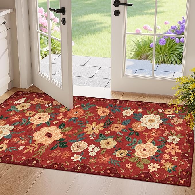 DUKINO 2x4 Rug for Entryway, Washable Kitchen Floral Runner Rug with Non Slip Backing, Low Pile Soft Boho Carpet for Kitchen, Hallway, Entryway, Laundry, Bedroom, Red