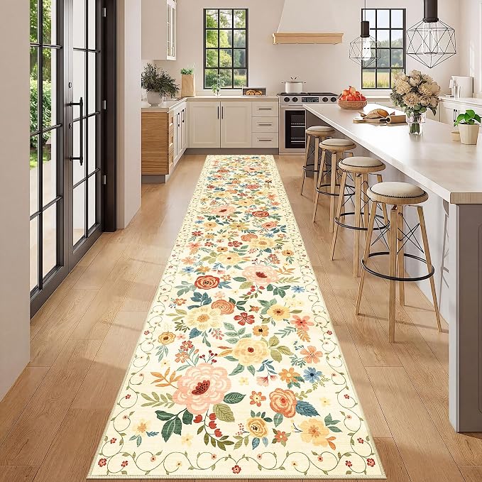 DUKINO 2.6x12 Kitchen Runner Rug, Lightweight Floral Washable Rug for Hallway, Boho Low Pile & Non Slip Backing Soft Floor Carpet for Entryway, Bedroom, Bathroom, Laundry, Beige Yellow