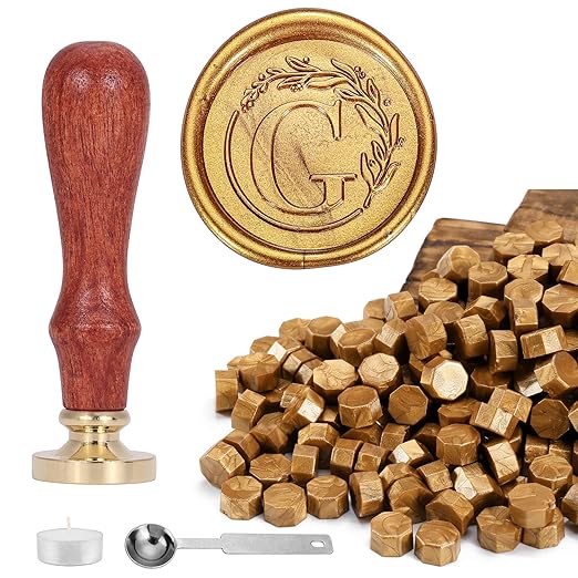 Yoption Vintage Letter G with Wreath Wax Seal Stamp Kit with 120 Antique Gold Wax Seal Beads