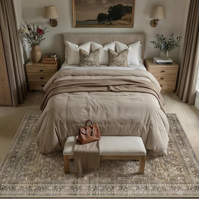 HUGEAR Area Rug 6x9 Vintage Brown Machine Washable Living Room Rugs Distressed Retro Floral Mid Pile Carpet Soft Thicker Carpet Bedroom Office Dining Room Laundry Room Non Slip Soft