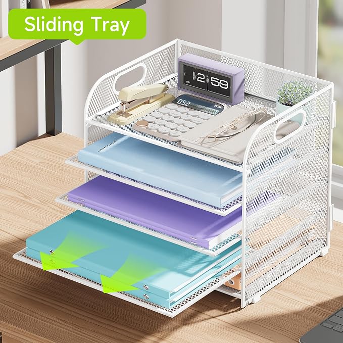 Cawukege 5 Tier Paper Organizer with Handle, White Metal Mesh Desk Organizer File Folder Paper Letter Tray Desktop Document Sorter for Classroom, School, Office Accessories Organization and Storage