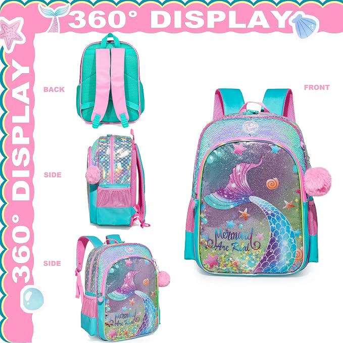 Mermaid Backpacks for Girls Kids School Cute Bookbag for Kindergarten Elementary Sequin School Backpack for Girls Lightweight SchoolBag with Lunch Box