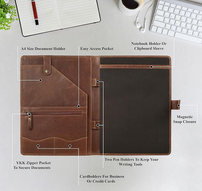 KomalC Leather Portfolio Folder with Button Closure | Business Padfolio for Professionals | Vintage Organizer with Legal Pad Holder, Card Slots & Document Pockets