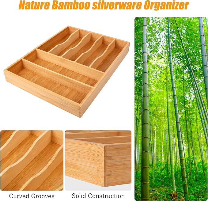 Bamboo Silverware Drawer Organizer, Kitchen Utensil Drawer Organizers, 12"x15.7" Utensils Holder Cutlery Tray with Grooved Drawer Dividers for Kitchen Flatware Bedroom Office(7 Slot, Natural)