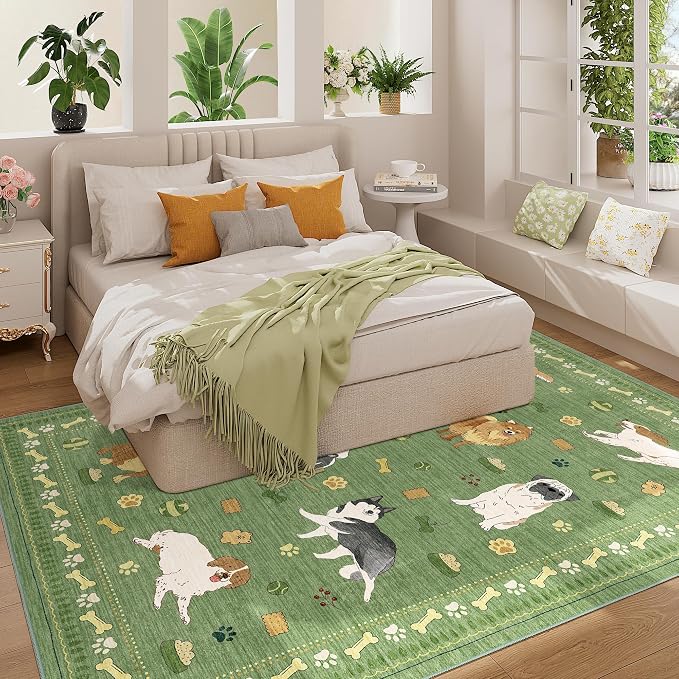 DUKINO 6x9 Rug for Living Room, Lightweight Animal Dog Print Washable Area Rug, Soft Non Slip & Low Pile Floor Mat, Stain Resistant Large Carpet for Bedroom, Nursery, Dining Room, Kids Playroom, Green