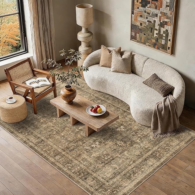 6x9 Brown Washable Area Rugs for Living Room Non Slip Low Pile Vintage Boho Throw Rug Soft Retro Distressed Floral Large Carpet Indoor Farmhouse Decor for Bedroom Dining Room Office Kitchen Playroom