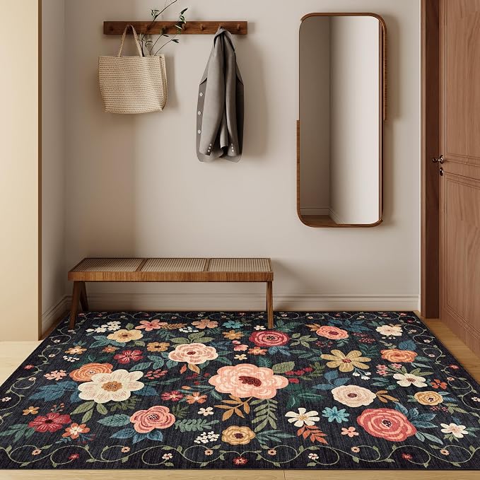 DUKINO 4x6 Feet Office Chair Mat, Lightweight Non Slip Washable Floral Area Rug, Indoor Low Pile & Non-Shedding Boho Design Rugs for Bedroom, Living Room, Dining Room, Black