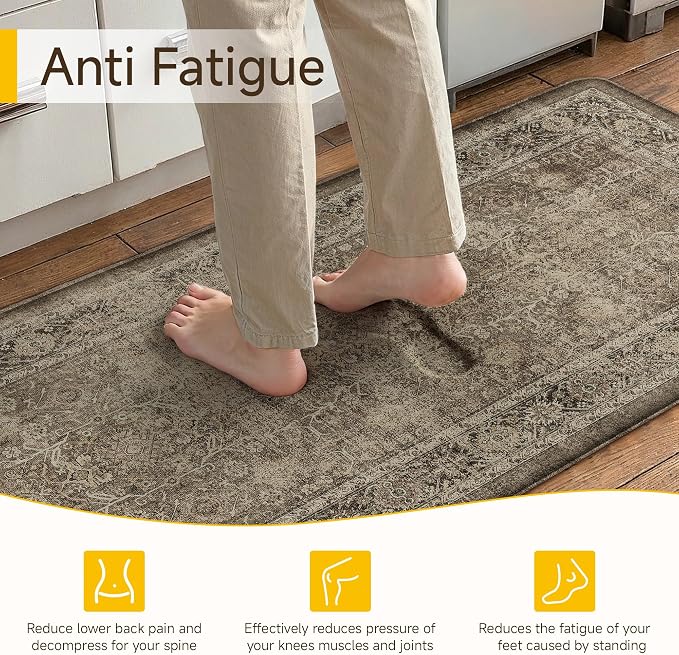 PureCozy Kitchen Mats for Floor Anti Fatigue Cushioned Brown Vintage Kitchen Mats Waterproof Non Slip Comfort Standing Distressed Runner Rug for Sink Laundry Office Bathroom 17.3"x47"