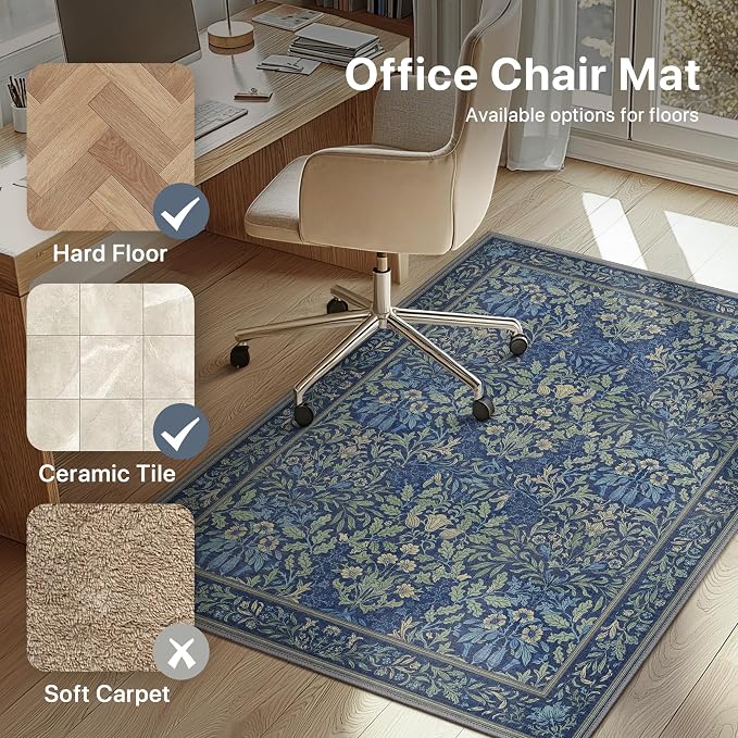 48"x60" Office Chair Mat for Hardwood Tile Floor, Under Desk Carpet Protector for Rolling Computer Chair Mat, Machine Washable Area Rug, Anti-Slip 1/5" Thick Low Pile Thin Vinyl Floor Mat, Dark Blue