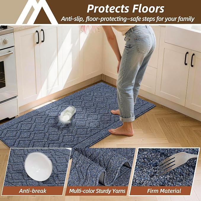 COSY HOMEER Kitchen Rugs Sets 2PCS,Non-Slip Washable Kitchen Mats for Floor,Absorbent and Stain Resistant Kitchen Runner Rugs for Kitchen Sink Laundry Entryway,24"x35"+24"x60",Heather Blue