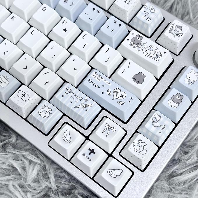 Cute Rabbit Theme Keycaps 140 Keys, PBT Key Cap Set Dye Sublimation, Cherry Profile Blue Keyboard Keycap, Custom Keycaps for Cherry MX Switches Mechanical Gaming Keyboard 60% 75% 100%