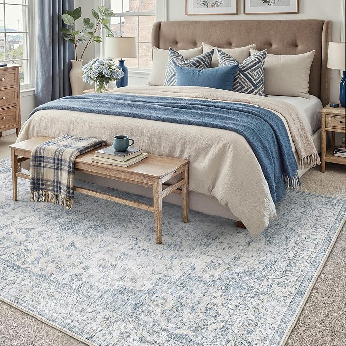 PureCozy 7x9 Area Rug Washable Neutral Blue Vintage Living Room Bedroom Carpet Non Slip Low Pile Soft Floral Indoor Throw Rug for Dining Room Office