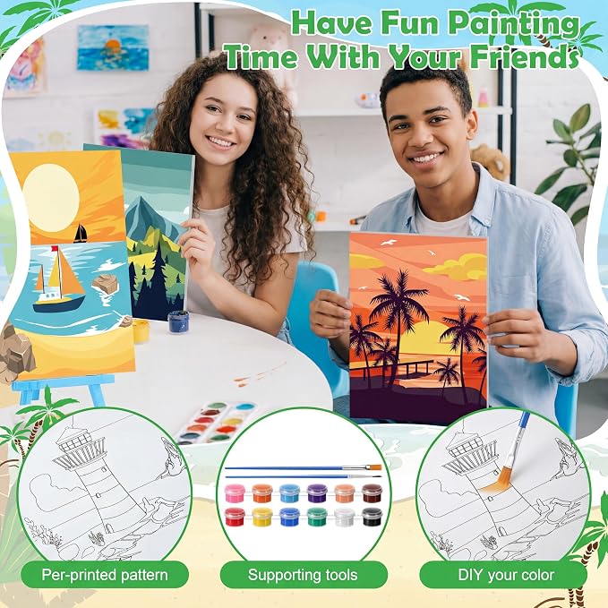 Blosssound 10 Set Pre Printed Canvas Pre Drawn Canvas Painting with Easel Kits 5" x 7" Outline Painting Panels for Beginners, DIY Craft Project, Home Decors(Summer)