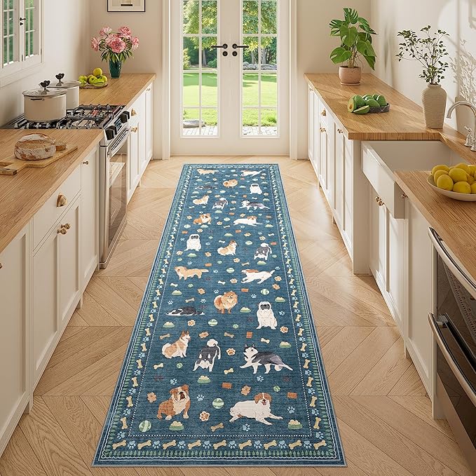DUKINO 2.6x8 Washable Runner Rug for Hallway, Non Slip Animal Dog Kitchen Rug with Low Pile Design, Ultra Soft & Stain Resistant Indoor Carpert Runner for Entryway, Bedroom, Laundry, Bathroom, Blue