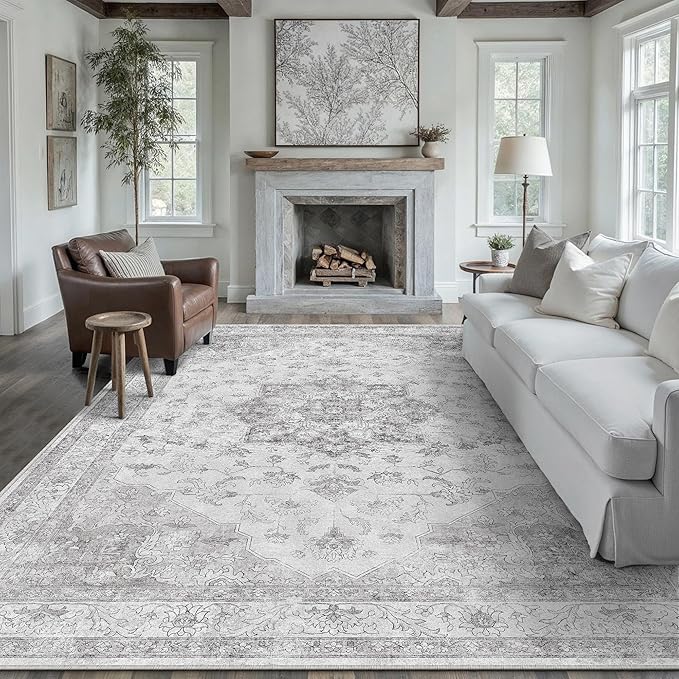 PureCozy Gray Area Rug 9x12 Washable Living Room Carpet Vintage Non Slip Soft Bedroom Indoor Office Retro Grey Low Pile Thin Oriental Medallion Large Rug for Dining Room Bathroom Playroom
