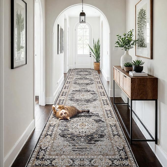 4x12 Runner Rug for Hallway Washable: Non Slip Kitchen Rugs with Rubber Backing Soft Waterproof Wide Mats Stain Resistant Low Pile Carpet for Entryway Bedroom Bathroom Laundry Home Decor Black/Gray
