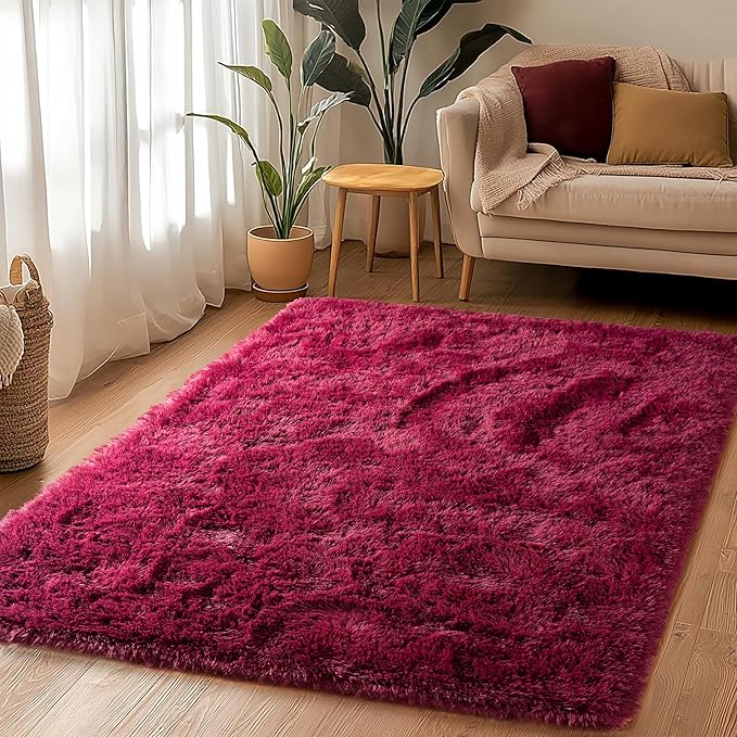 Awaytail 2x3 Rug - Non-Slip for Living Room - Height Pile 1.4" Plush Rug - Fluffy Throw Rugs Carpet for Bedroom - Burgundy