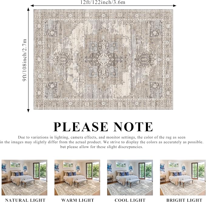 RUUGME Washable 9x12 Area Rug - Rugs for Living Room Bedroom Dining Room Non-Slip Vintage Rugs More Durable and Incredibly Soft Great Home Decor (9x12 Beige)