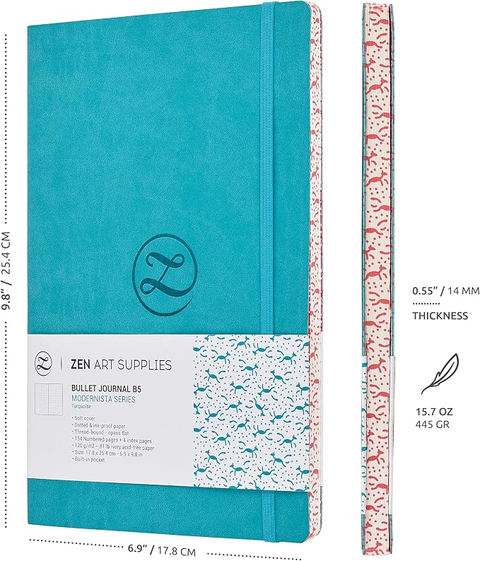 Aesthetic Large B5 Dotted Journal - Enjoy Bullet Journaling with a Soft Cover 7x10 inch, Non-Bleed Thick 120gsm Paper with Japanese Edge Motif - Turquoise Faux Leather Lay Flat Dot Notebook ZenART